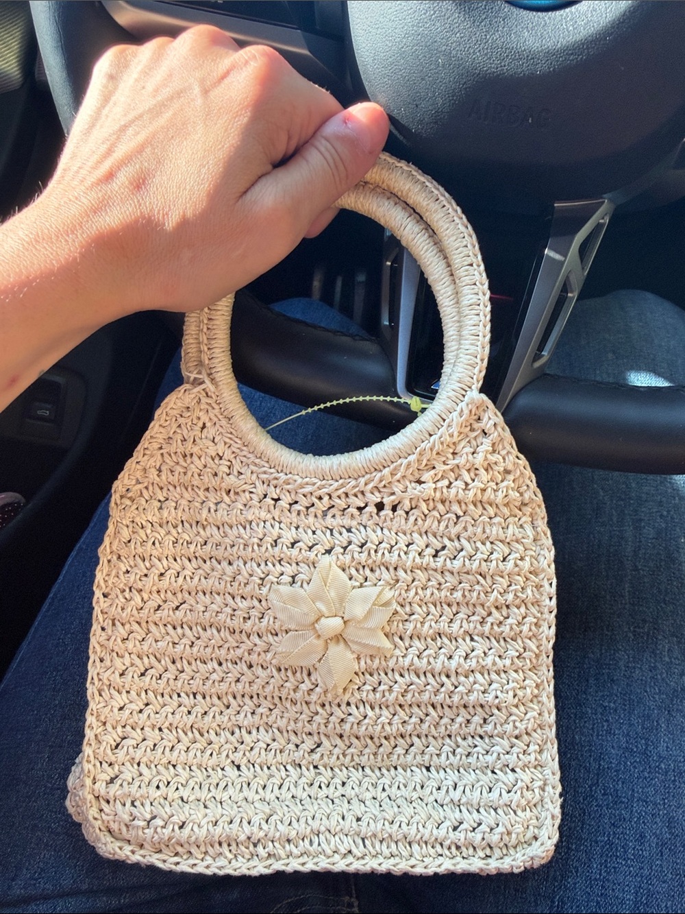 Woven Handheld Tote Bag in Cream with Flower Accent